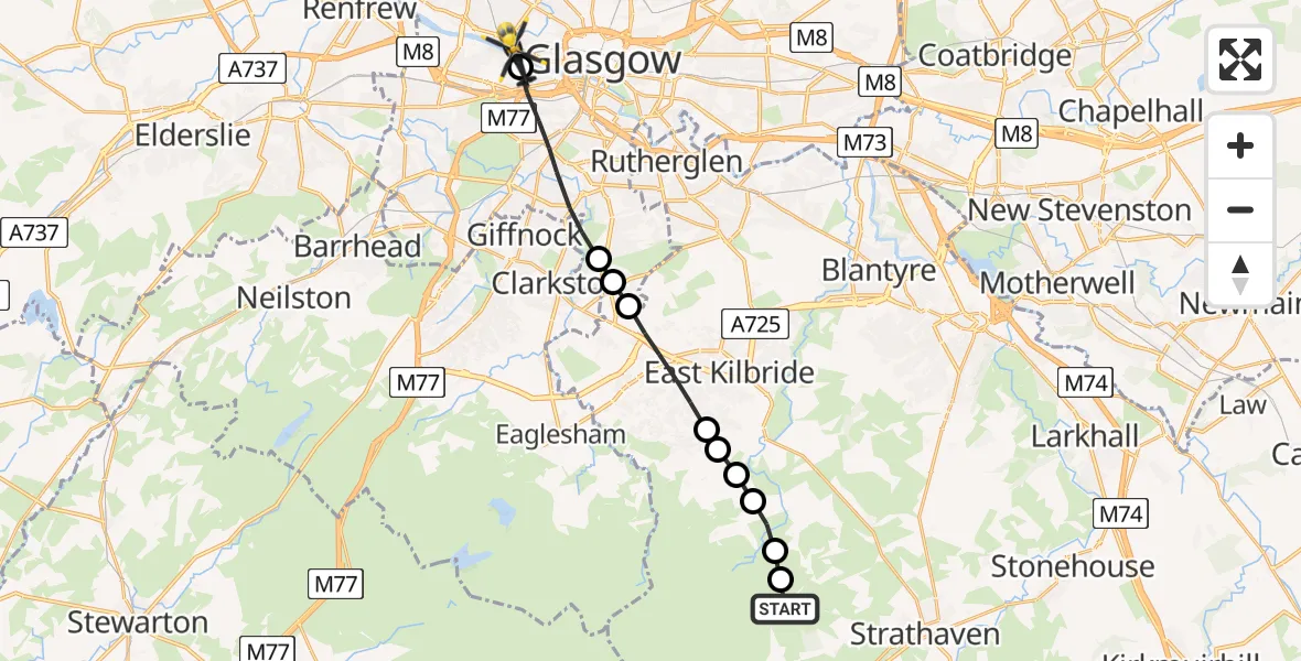 Flight route Police Helicopter Caldermill - Glasgow City Heliport, 01 July 2026, 12:45