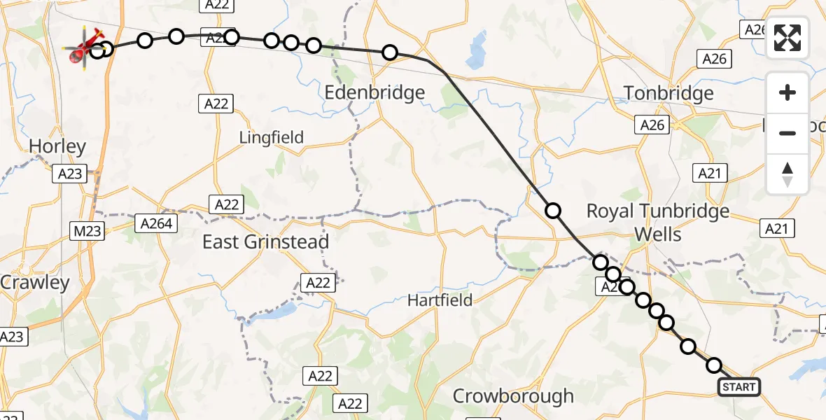 Flight route Air Ambulance Helicopter Durgates - Redhill Aerodrome, 01 July 2026, 12:51