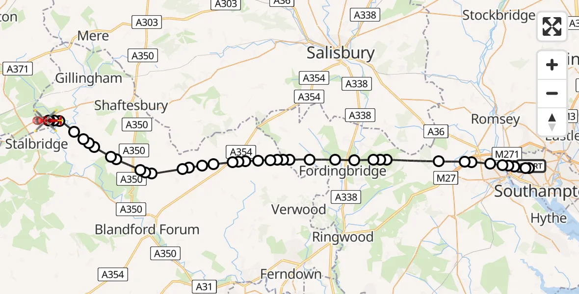 Flight route Air Ambulance Helicopter University Hospital Southampton - Henstridge, 01 July 2026, 12:54