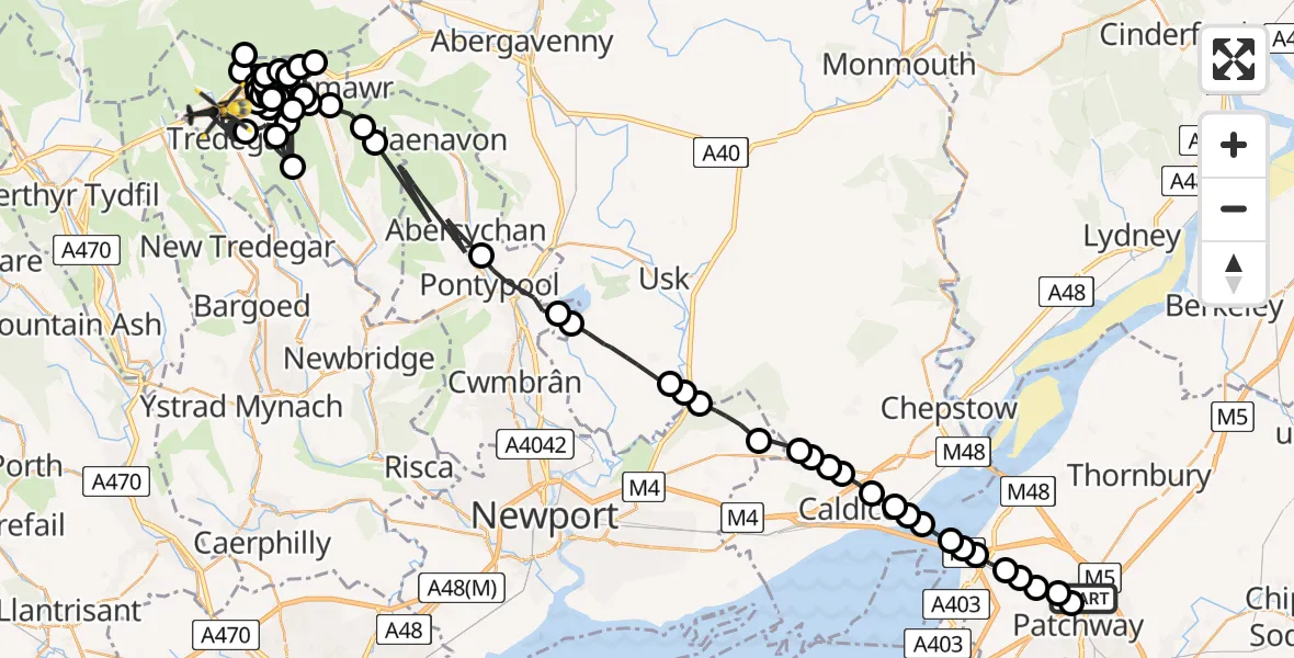 Flight route Police Helicopter Almondsbury - Tredegar, 01 July 2026, 12:59