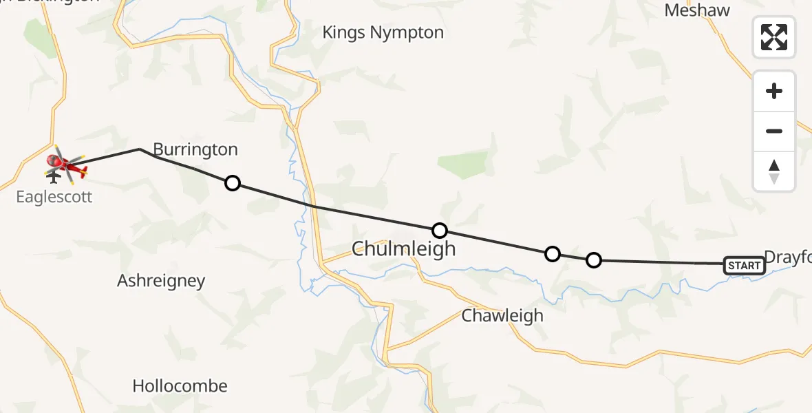 Flight route Air Ambulance Helicopter West Worlington - North Devon, 01 July 2026, 13:06