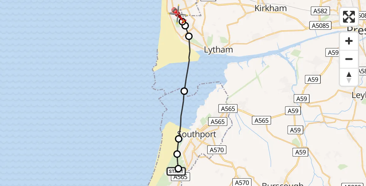 Flight route Air Ambulance Helicopter Southport - Blackpool Airport, 01 July 2026, 13:09