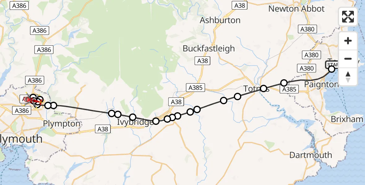 Flight route Air Ambulance Helicopter Torquay - Derriford Hospital, 01 July 2026, 13:10