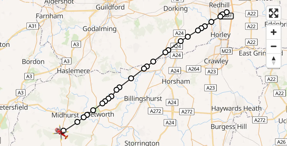 Flight route Air Ambulance Helicopter Redhill Aerodrome - Cocking, 01 July 2026, 13:15