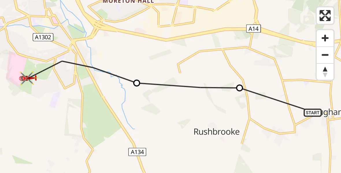Flight route Air Ambulance Helicopter Rougham - Bury St Edmunds, 01 July 2026, 13:21