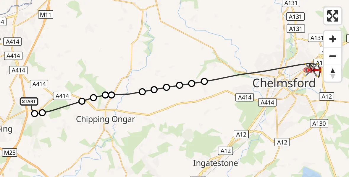 Flight route Air Ambulance Helicopter North Weald Airfield - Chelmsford, 01 July 2026, 13:23