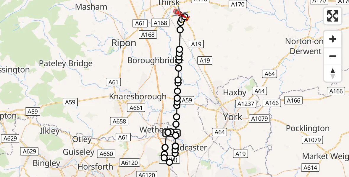 Flight route Air Ambulance Helicopter Walton - Hutton Sessay, 01 July 2026, 13:23