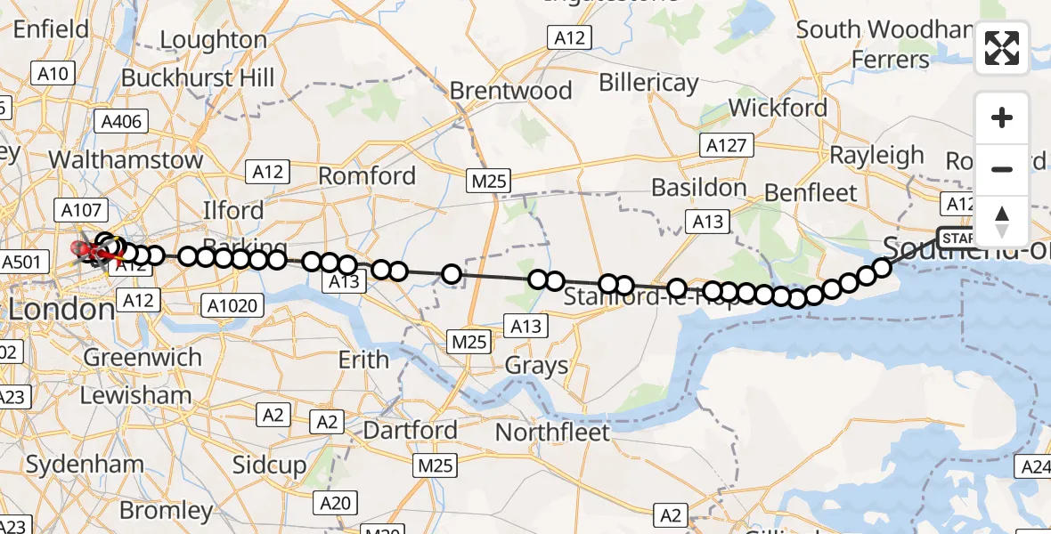 Flight route Air Ambulance Helicopter Leigh on Sea - Mile End, 01 July 2026, 13:26