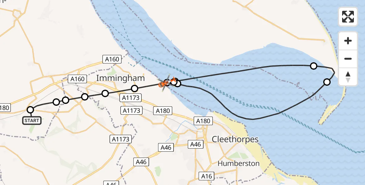 Flight route Coastguard Helicopter Humberside Airport - Immingham, 01 July 2026, 13:36