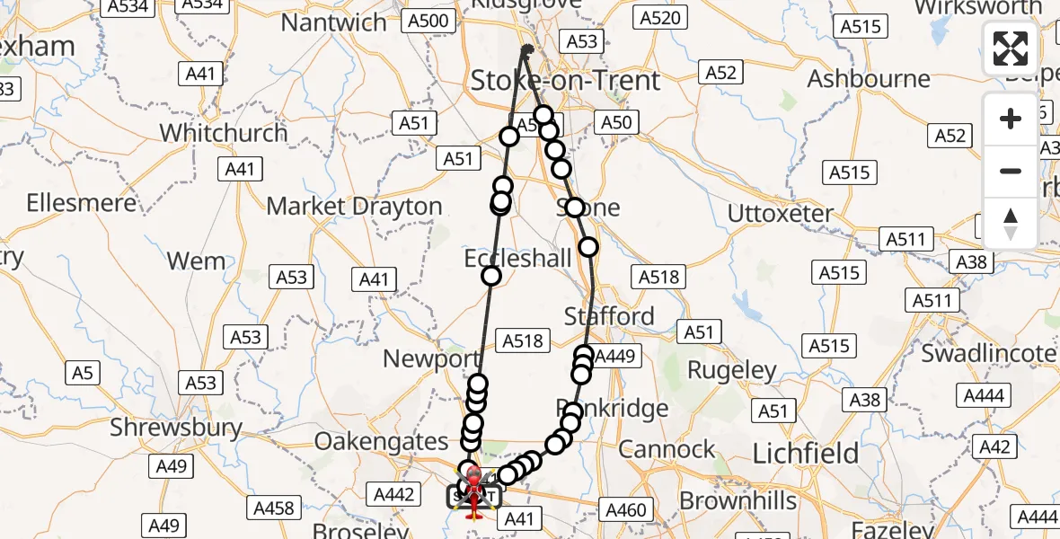Flight route Air Ambulance Helicopter RAF Cosford - Cosford, 01 July 2026, 13:44