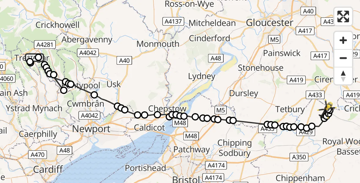 Flight route Police Helicopter Tredegar - Oaksey, 01 July 2026, 13:51
