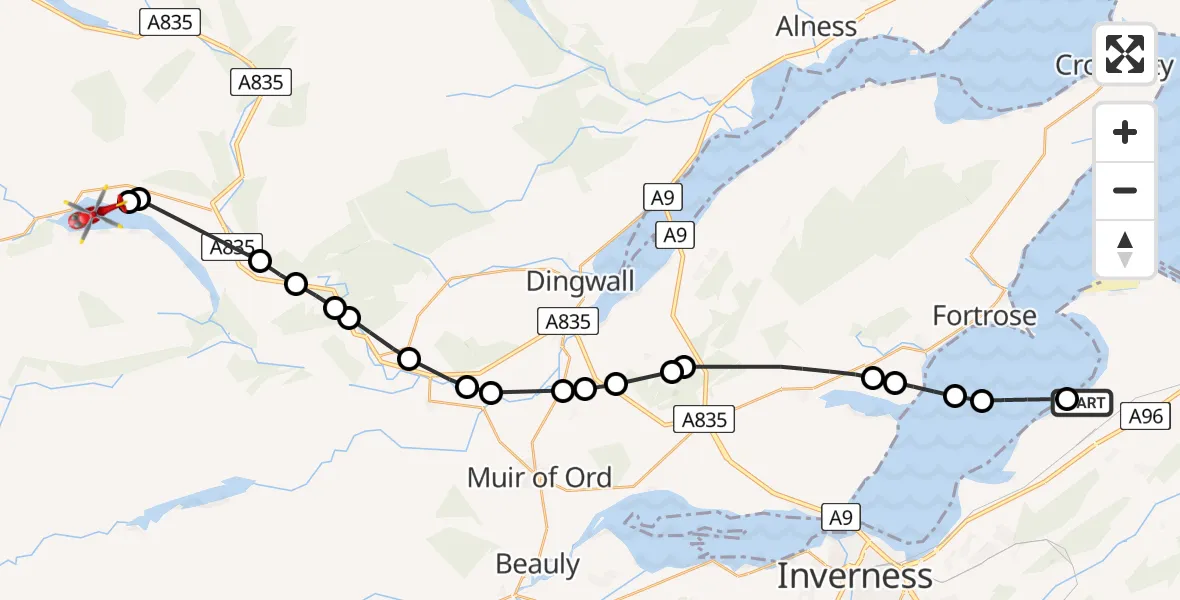 Flight route Air Ambulance Helicopter Ardersier - Loch Luichart, 01 July 2026, 13:53