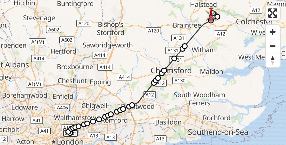 Flight route Air Ambulance Helicopter Mile End - Earls Colne Airfield, 01 July 2026, 13:58