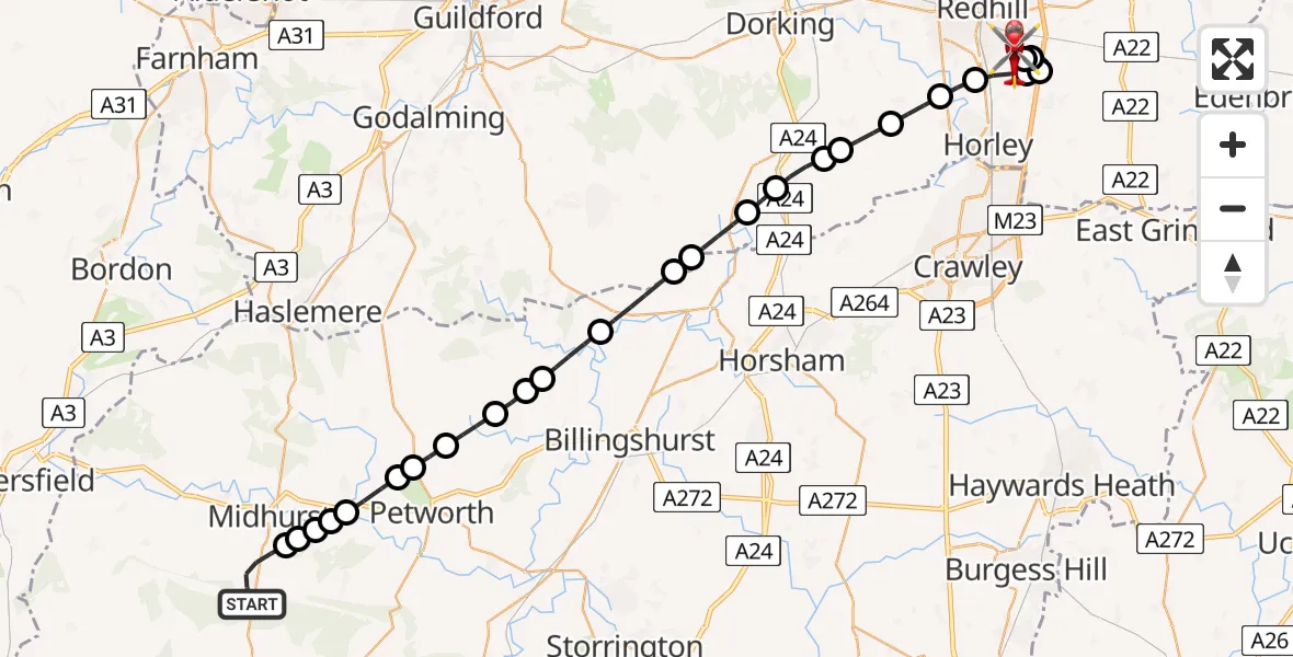 Flight route Air Ambulance Helicopter Cocking - Redhill Aerodrome, 01 July 2026, 13:58