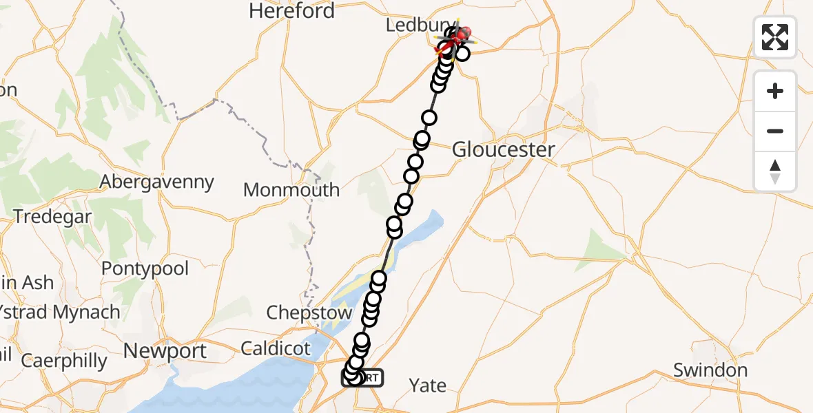 Flight route Air Ambulance Helicopter Almondsbury Helicopter Base - Bromsberrow, 01 July 2026, 14:00