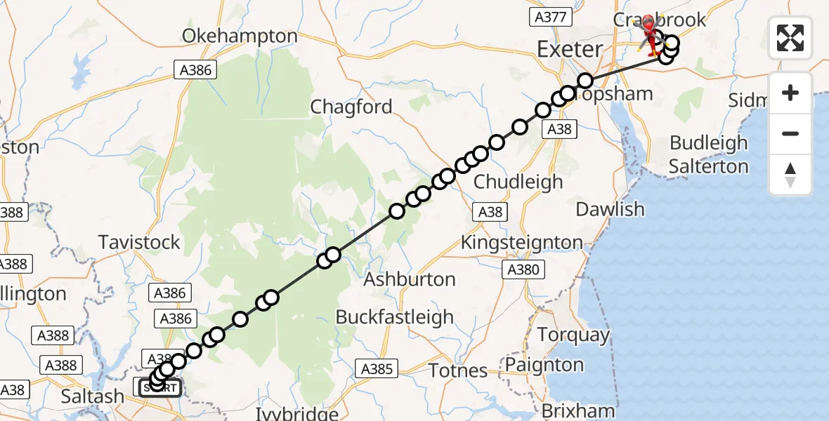 Flight route Air Ambulance Helicopter Derriford Hospital - Exeter International Airport, 01 July 2026, 14:14