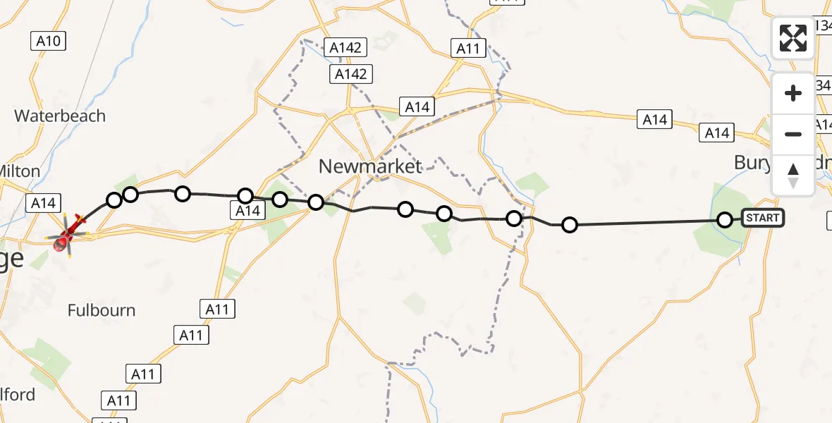Flight route Air Ambulance Helicopter Horringer - Fen Ditton, 01 July 2026, 14:27