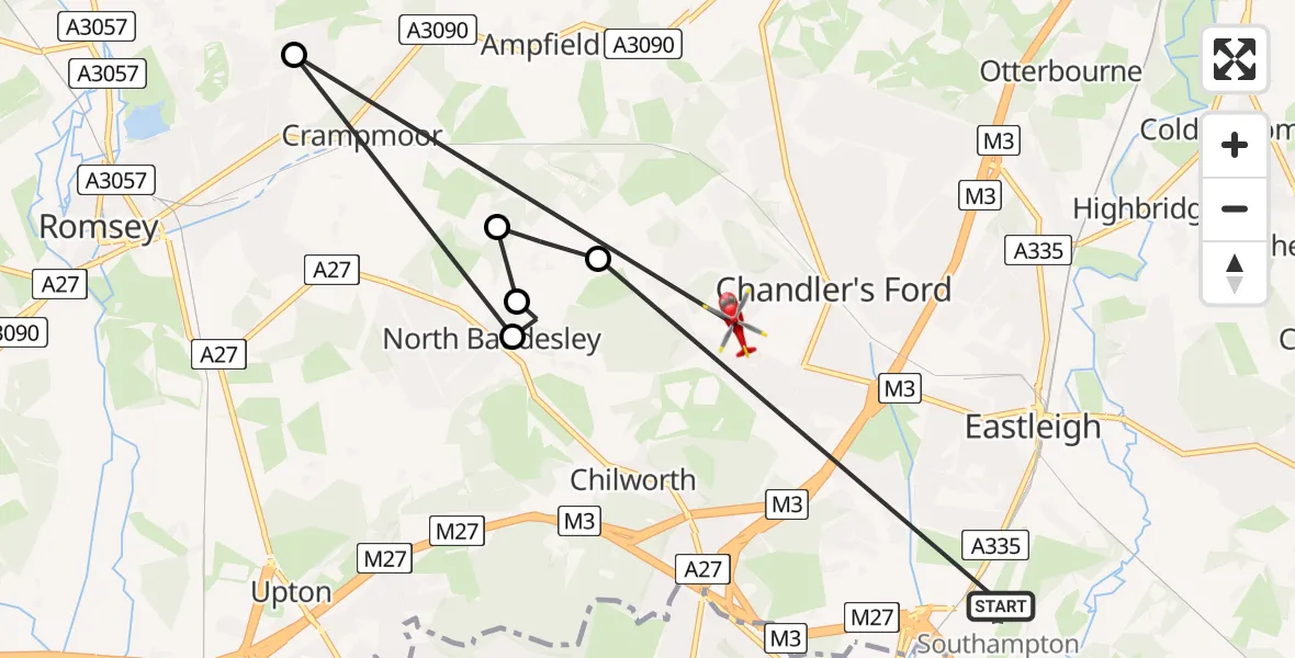 Flight route Air Ambulance Helicopter Southampton Airport - Test Valley, 01 July 2026, 14:28