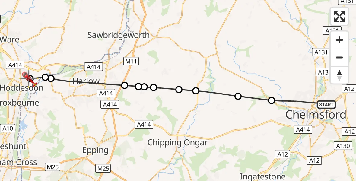 Flight route Air Ambulance Helicopter Chelmsford - Hoddesdon, 01 July 2026, 14:30