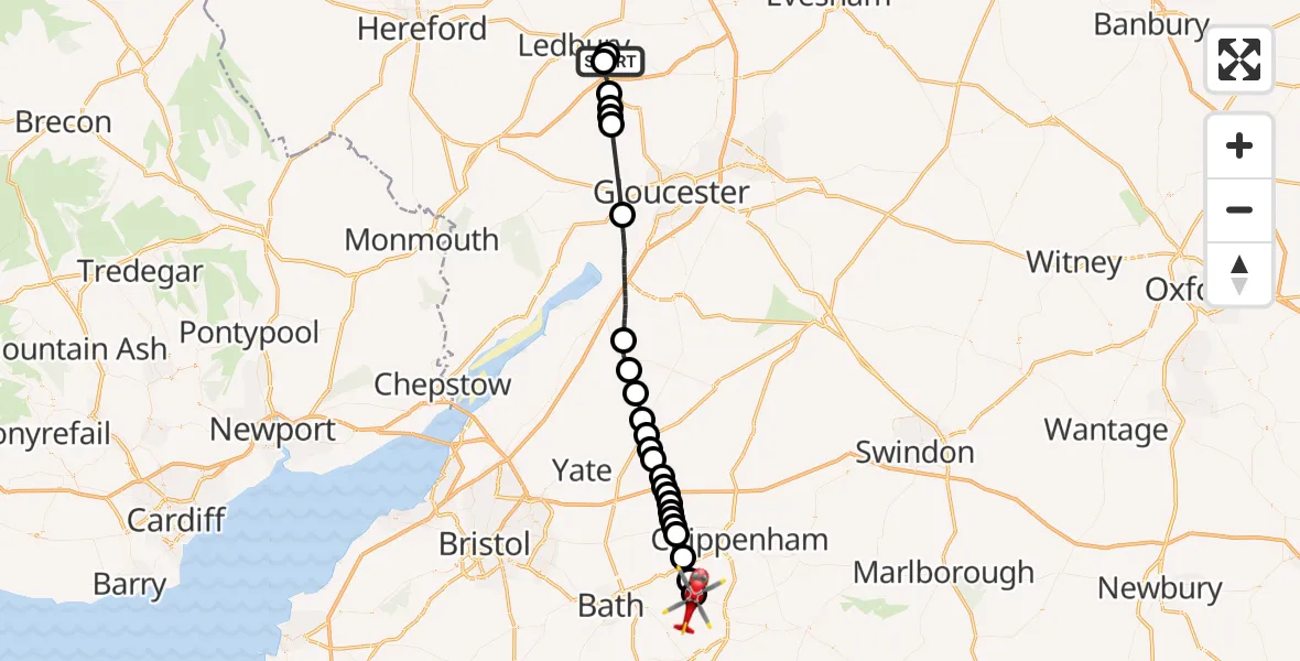 Flight route Air Ambulance Helicopter Forest of Dean - Atworth, 01 July 2026, 14:35
