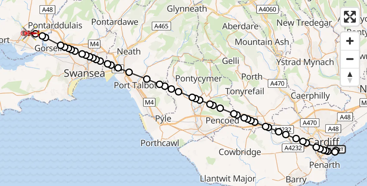 Flight route Air Ambulance Helicopter Cardiff Heliport - Dafen, 01 July 2026, 14:41