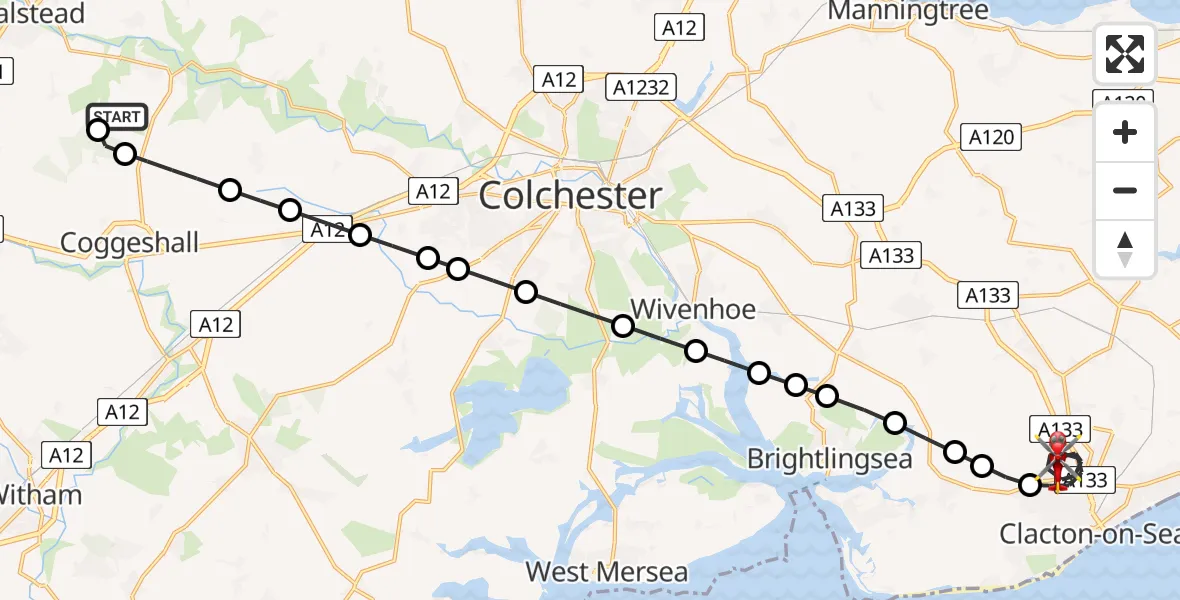 Flight route Air Ambulance Helicopter Earls Colne Airfield - Clacton-on-Sea, 01 July 2026, 14:43