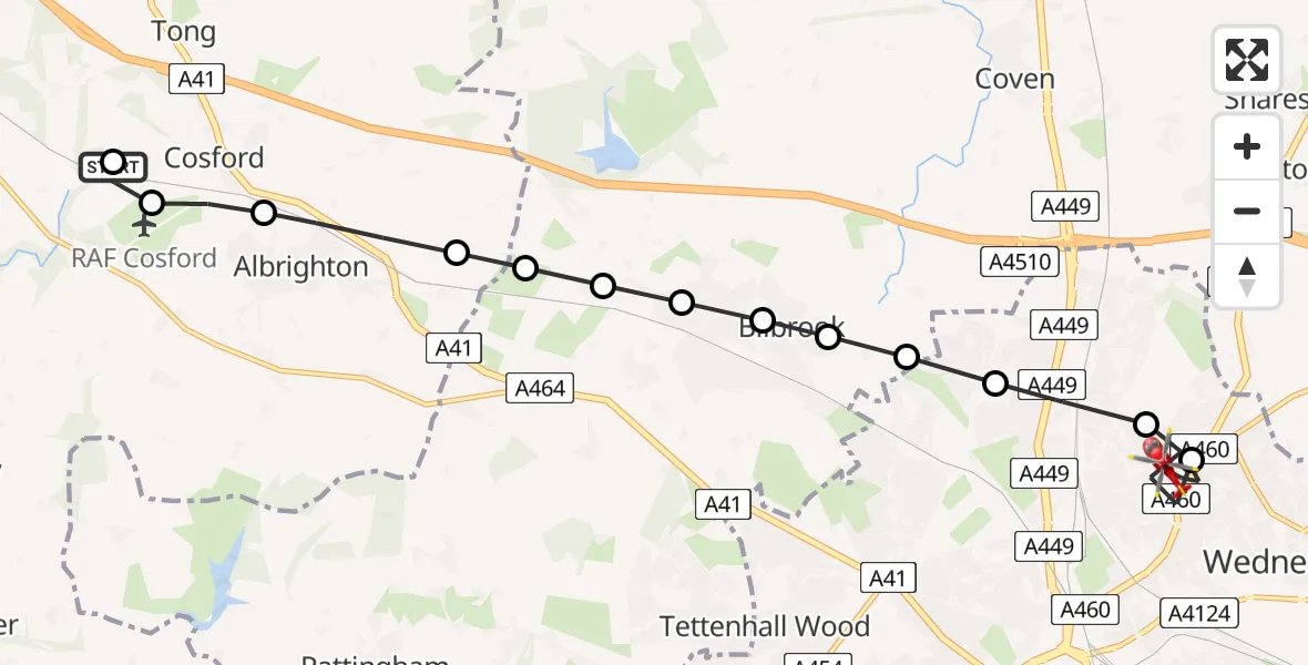 Flight route Air Ambulance Helicopter RAF Cosford - Park Village, 01 July 2026, 15:00