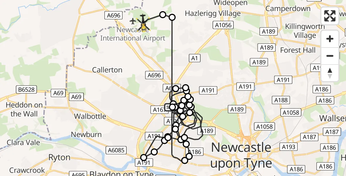 Flight route Police Helicopter Blakelaw - Newcastle International Airport, 01 July 2026, 15:10