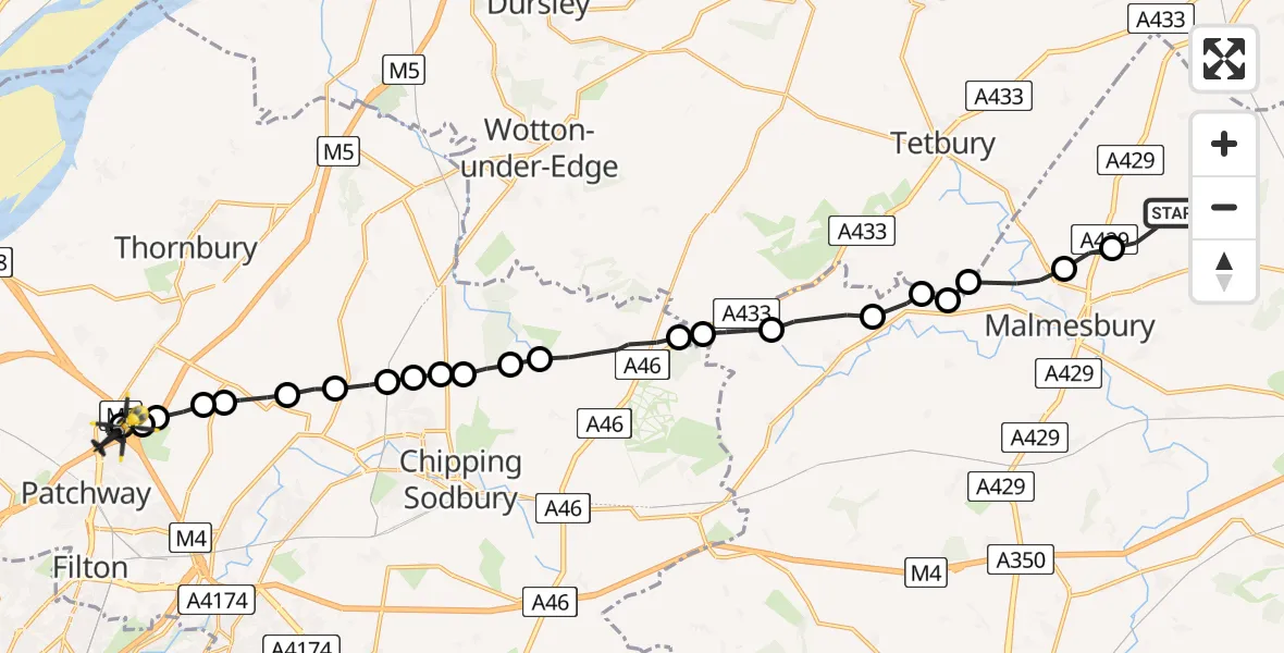 Flight route Police Helicopter Hankerton - Almondsbury Helicopter Base, 01 July 2026, 15:10