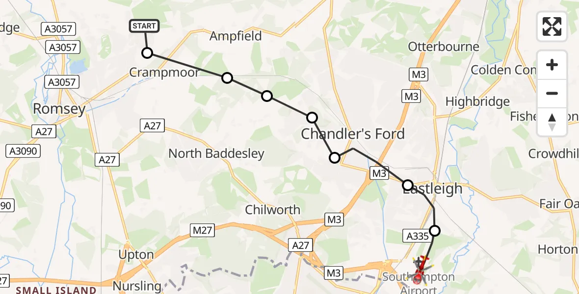 Flight route Air Ambulance Helicopter Braishfield - Southampton Airport, 01 July 2026, 15:24