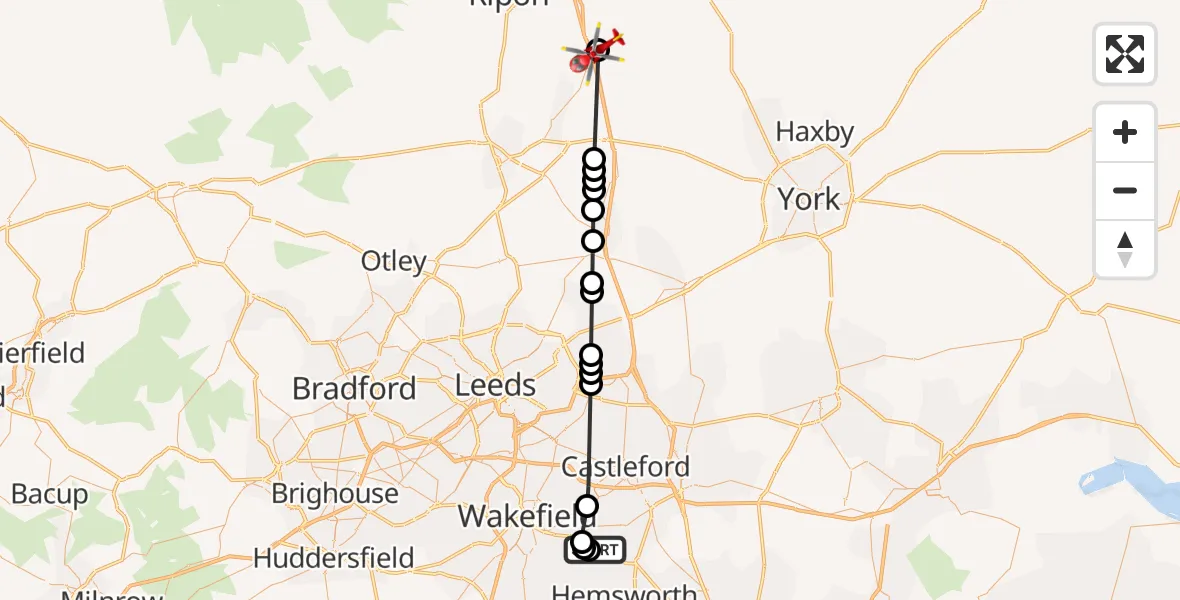 Flight route Air Ambulance Helicopter YAA Nostell Helicopter Port - Boroughbridge, 01 July 2026, 15:25