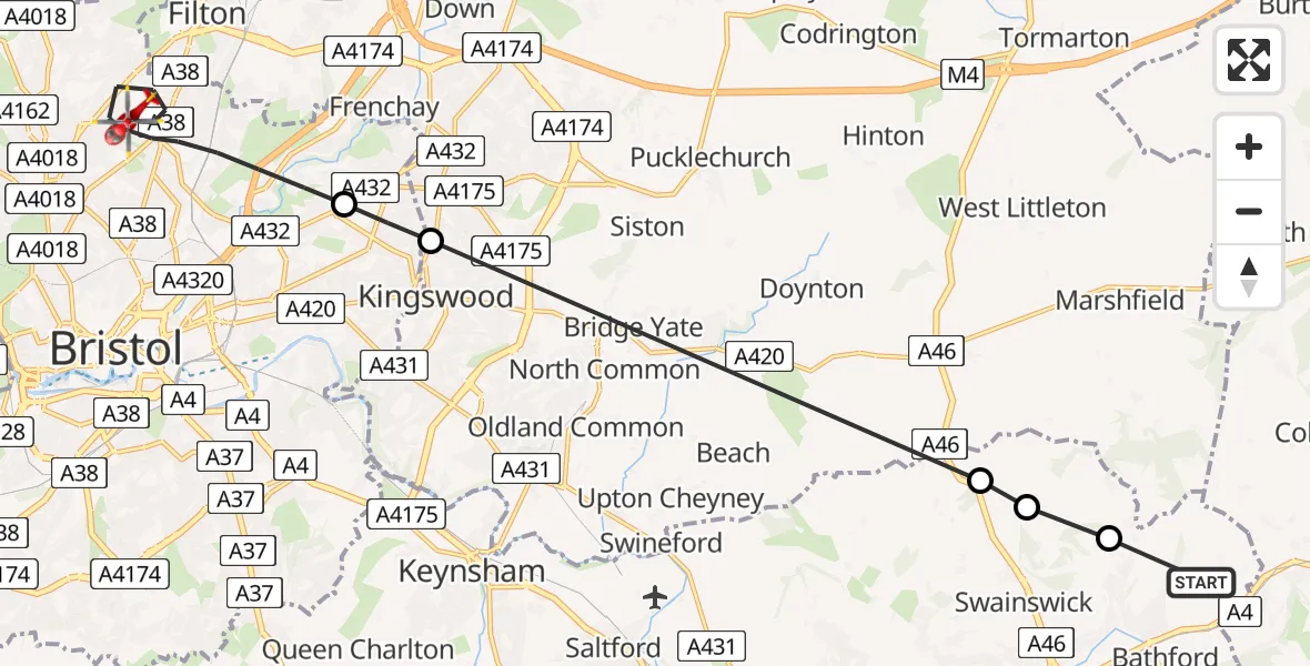 Flight route Air Ambulance Helicopter Bathford - Bristol, 01 July 2026, 15:40