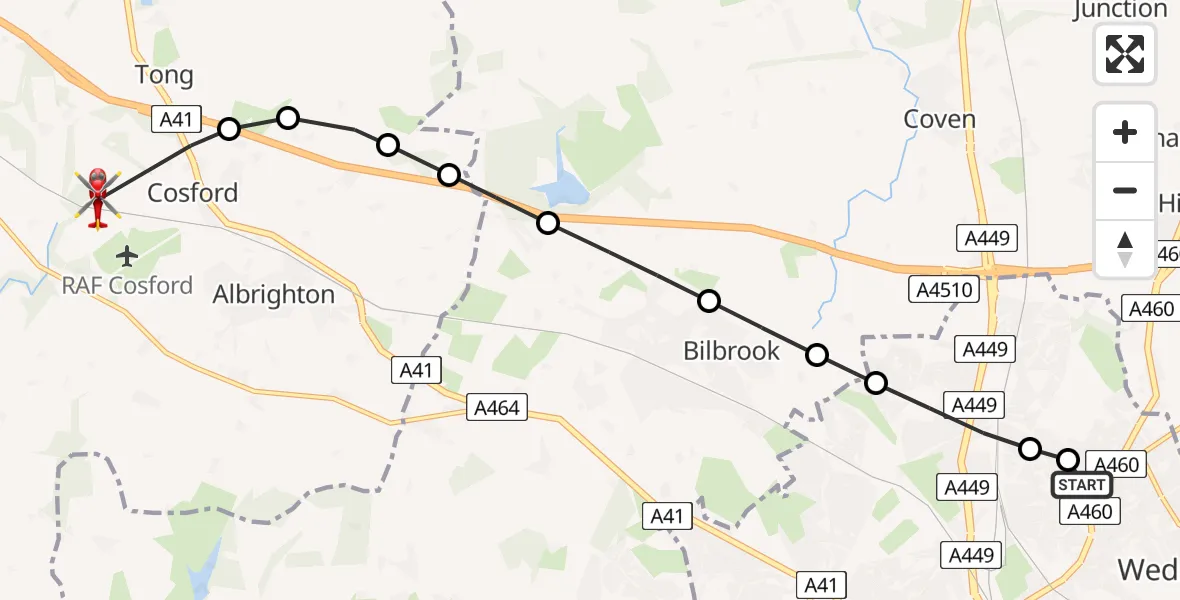 Flight route Air Ambulance Helicopter Park Village - Cosford, 01 July 2026, 15:44