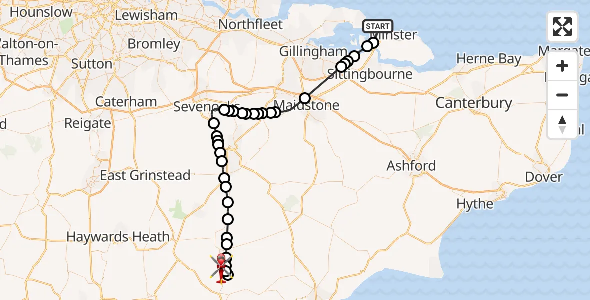 Flight route Air Ambulance Helicopter Sheerness - Horam, 01 July 2026, 15:44