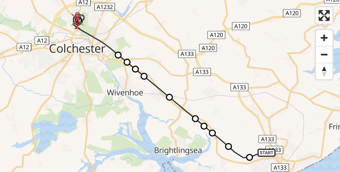 Flight route Air Ambulance Helicopter Clacton-on-Sea - Colchester Hospital, 01 July 2026, 15:51