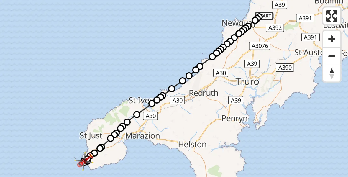 Flight route Air Ambulance Helicopter Cornwall Airport Newquay - Mayon, 01 July 2026, 15:59