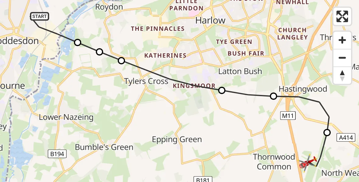 Flight route Air Ambulance Helicopter Hoddesdon - North Weald Airfield, 01 July 2026, 16:02