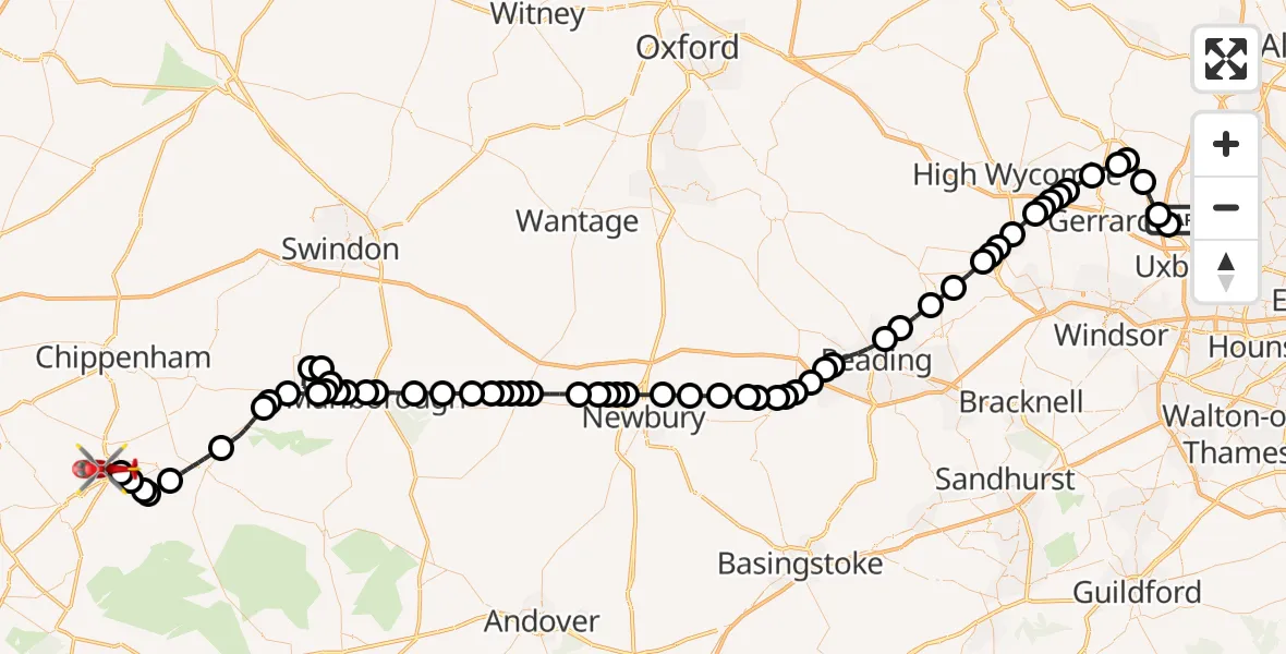 Flight route Air Ambulance Helicopter Denham Aerodrome - Melksham, 01 July 2026, 16:08