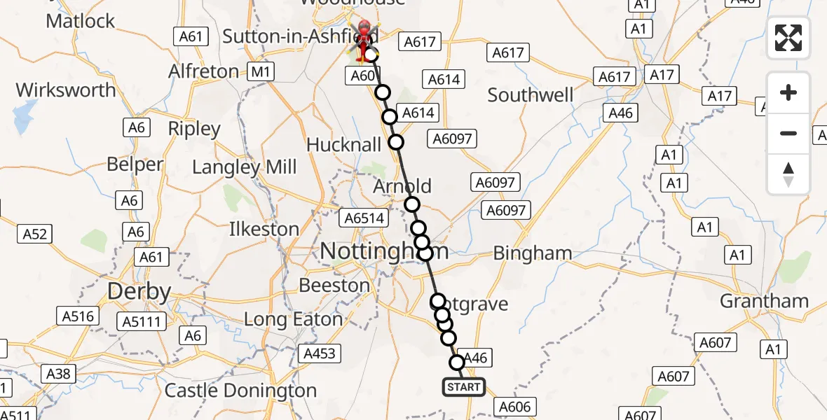 Flight route Air Ambulance Helicopter Widmerpool - Mansfield, 01 July 2026, 16:09