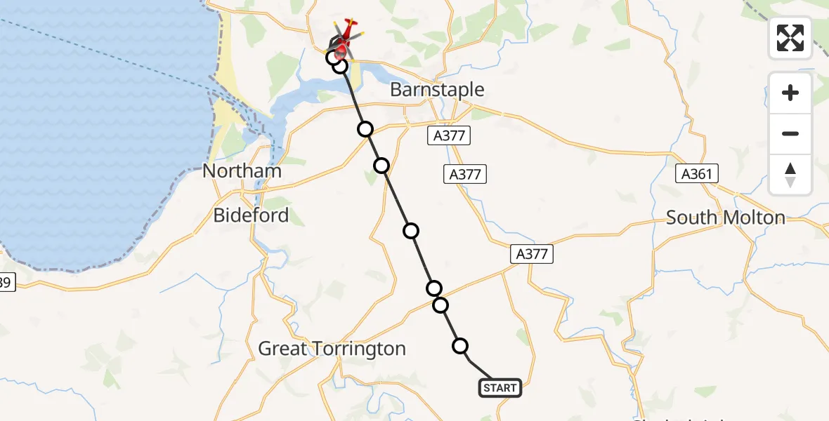 Flight route Air Ambulance Helicopter Roborough - Heanton Punchardon, 01 July 2026, 16:21