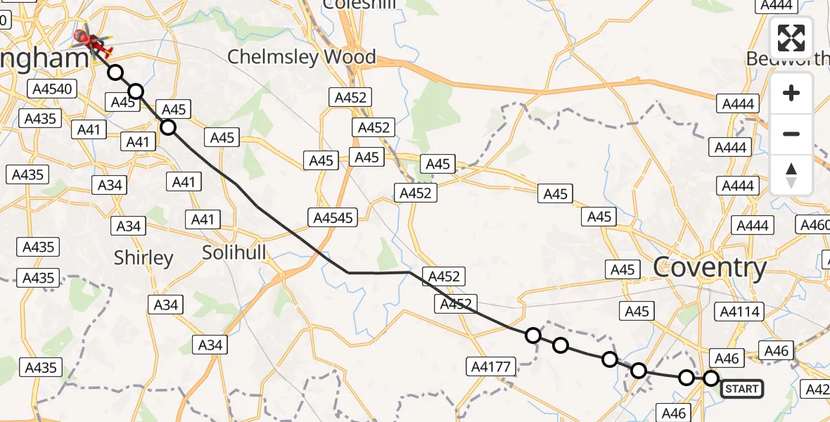 Flight route Air Ambulance Helicopter Coventry Airport - Saltley, 01 July 2026, 16:31