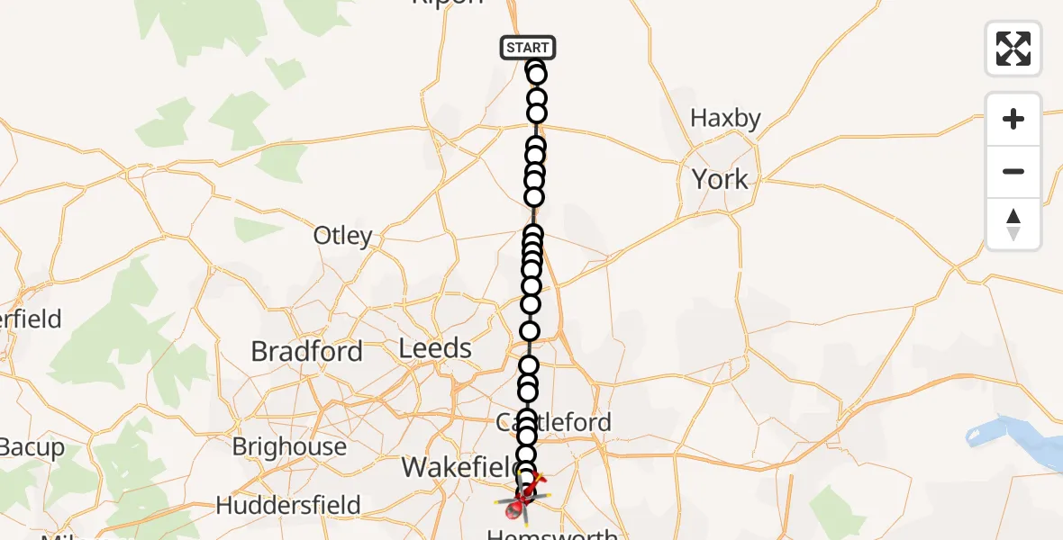 Flight route Air Ambulance Helicopter Boroughbridge - YAA Nostell Helicopter Port, 01 July 2026, 16:38