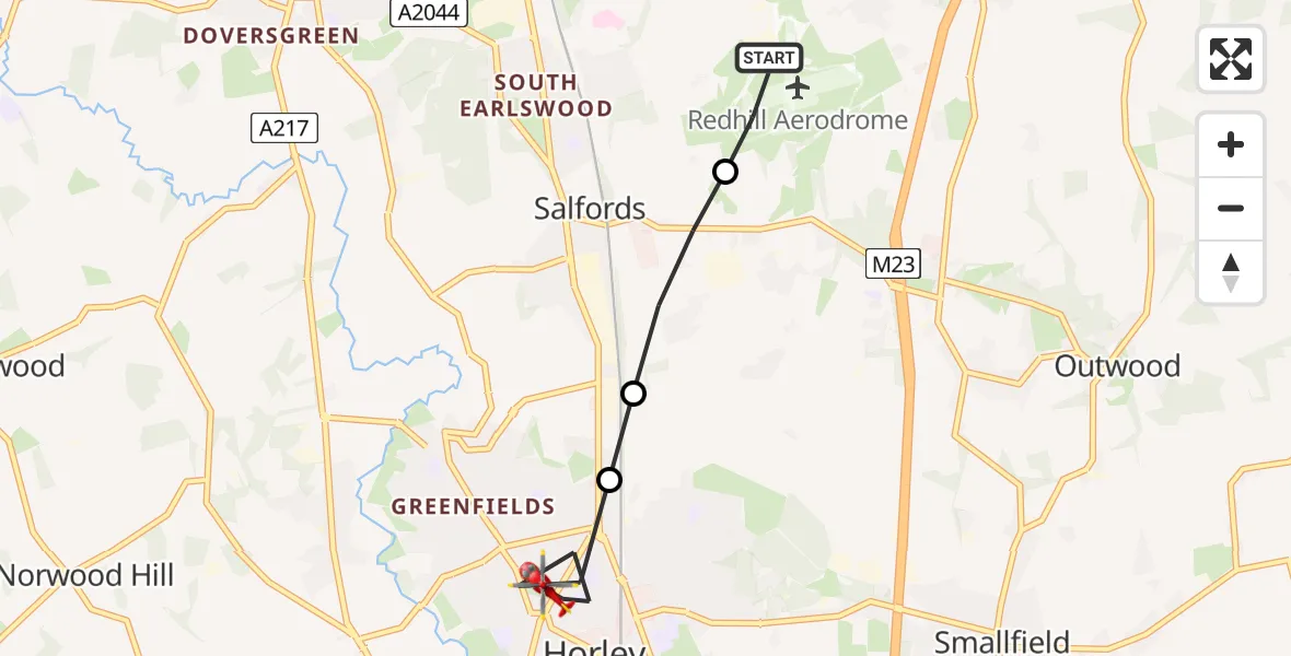 Flight route Air Ambulance Helicopter Redhill Aerodrome - Horley, 01 July 2026, 16:42