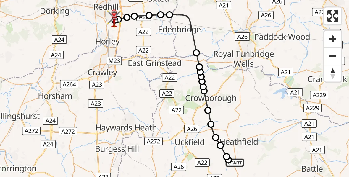 Flight route Air Ambulance Helicopter Horam - Redhill Aerodrome, 01 July 2026, 16:46