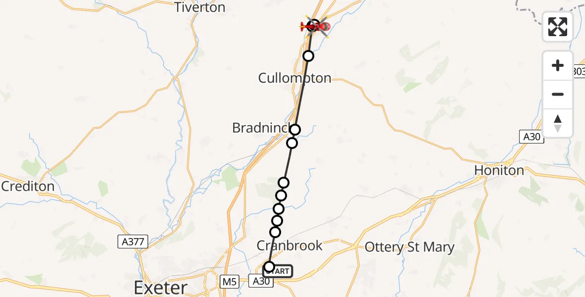 Flight route Air Ambulance Helicopter Exeter International Airport - Willand, 01 July 2026, 16:48