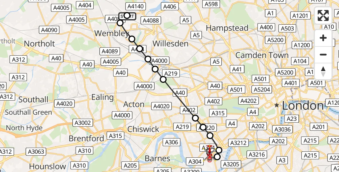 Flight route Air Ambulance Helicopter Preston - Fulham, 01 July 2026, 16:53