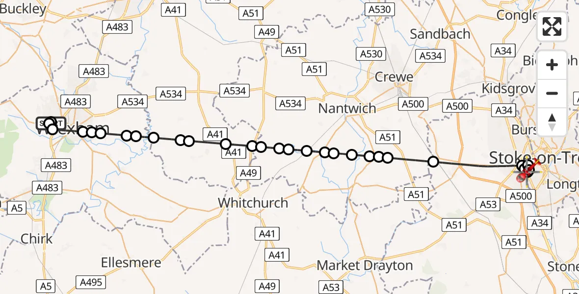 Flight route Air Ambulance Helicopter New Broughton - University Hospital North Staffs, 01 July 2026, 17:03