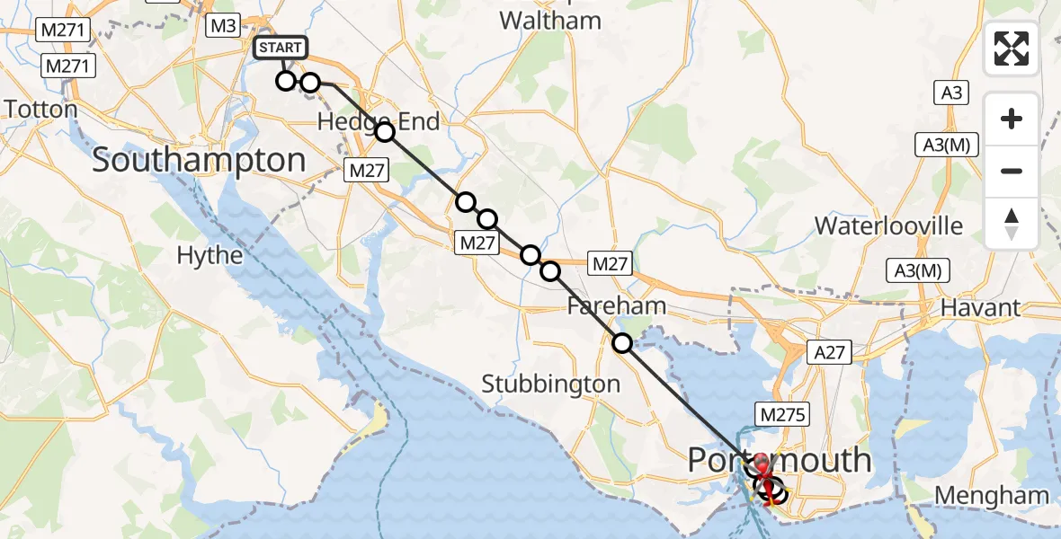 Flight route Air Ambulance Helicopter Southampton Airport - Old Portsmouth, 01 July 2026, 17:03