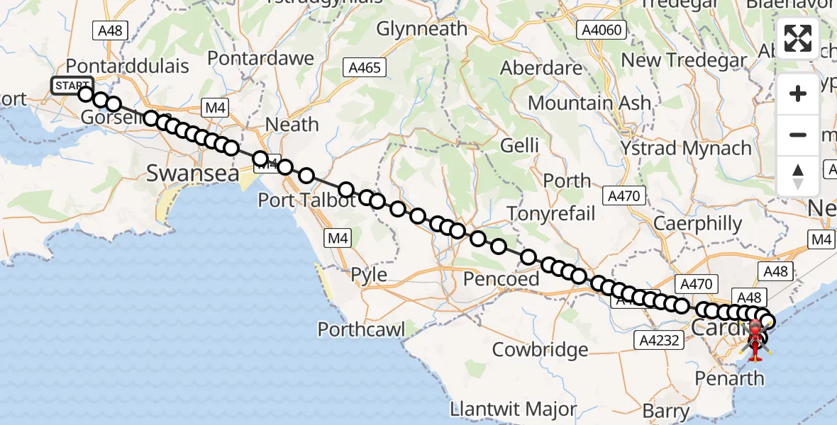 Flight route Air Ambulance Helicopter Dafen - Cardiff Heliport, 01 July 2026, 17:11