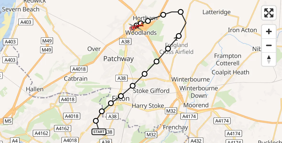 Flight route Air Ambulance Helicopter Southmead Hospital - Almondsbury Helicopter Base, 01 July 2026, 17:14